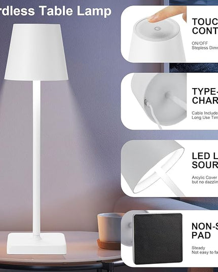 2 Pack Cordless Table Lamp Rechargeable LED Desk Lamp 5200mAh Aluminum Shell Battery Lamps Stepless Dimmable Portable Table Lights for Dinner/Restaurant/Outdoor IP54 Waterproof White - LeafyLoom