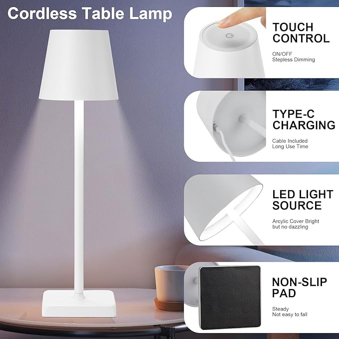2 Pack Cordless Table Lamp Rechargeable LED Desk Lamp 5200mAh Aluminum Shell Battery Lamps Stepless Dimmable Portable Table Lights for Dinner/Restaurant/Outdoor IP54 Waterproof White - LeafyLoom