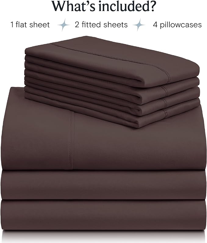 LuxClub 7 PC Split King Sheet Set, Breathable Luxury Bed Sheets, Deep Pockets 18" Eco Friendly Wrinkle Free Cooling Sheets Machine Washable Hotel Bedding Silky Soft - Brown Split King - LeafyLoom