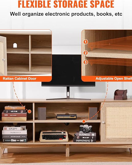 VEVOR Rattan TV Stand, Mid Century Modern TV Stand for 75 inch TV, Boho Rattan TV Cabinet with Build-in Socket and USB Ports, Adjustable Shelfs for Living Room, Media Room, Oak - LeafyLoom