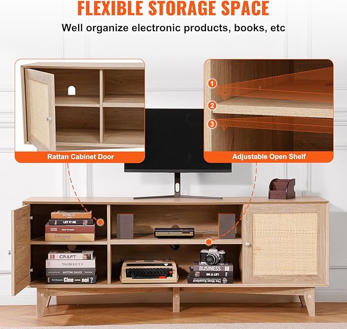 VEVOR Rattan TV Stand, Mid Century Modern TV Stand for 75 inch TV, Boho Rattan TV Cabinet with Build-in Socket and USB Ports, Adjustable Shelfs for Living Room, Media Room, Oak - LeafyLoom
