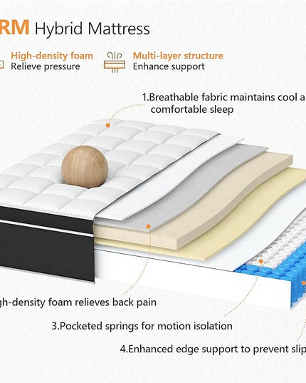 Queen Mattress - 14 Inch Hybrid Mattress Queen Size with Memory Foam and Pocket Springs, Upgraded Support Queen Size Mattresses, Pressure Relief & Motion Isolation, Firm Queen Mattress in a box - LeafyLoom