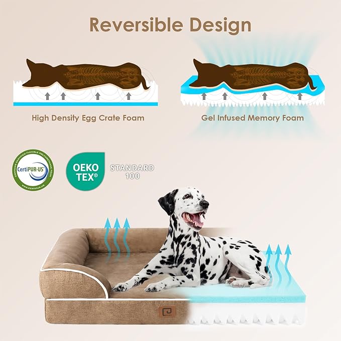 EHEYCIGA Orthopedic XL Dog Beds, Waterproof Memory Foam Dog Bed for Extra Large Dogs, Non-Slip Bottom and Egg-Crate Foam Big Dog Couch Bed with Washable Removable Cover, Camel EHEYCIGA