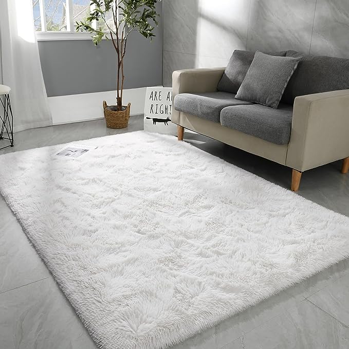 4x6 Large Area Rugs for Living Room, Super Soft Fluffy Modern Bedroom Rug, Cream White Indoor Shag Fuzzy Carpets for Girls Kids Nursery Room Home Decor - LeafyLoom