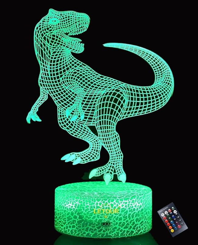LETOUR Night Light for Kids Dinosaur 3D Night Light Porpoise Illusion Lamp with Remote Control 16 Color Changing Xmas Halloween Birthday Gift for Child Baby Boy (Remote - Ice Crack Base) - LeafyLoom