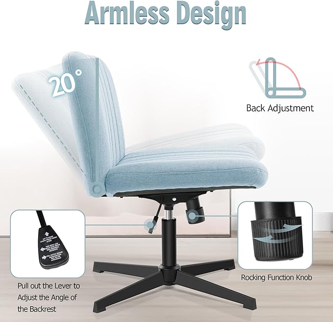 Armless Office Chair no Wheels, Ergonomic Wide Seat Swivel Desk Chair, Height Adjustable Cross Legged Comfortable Computer Chair for Living Room, Vanity Accent Chair LightBlue - LeafyLoom