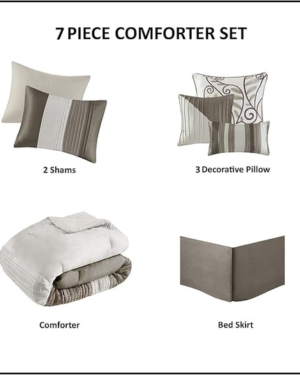 Madison Park Amherst Faux Silk Comforter Set-Casual Contemporary Design All Season Down Alternative Bedding, Matching Shams, Bedskirt, Decorative Pillows, Cal King(104"x92"), Natural, 7 Piece - LeafyLoom