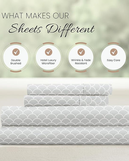4 Piece King Bedding Sheet Set (Gray Scallops) - Sleep Better Than Ever with These Ultra-Soft & Cooling Bed Sheets for Your King Size Bed - Deep Pocket Fits 16" Mattress - LeafyLoom