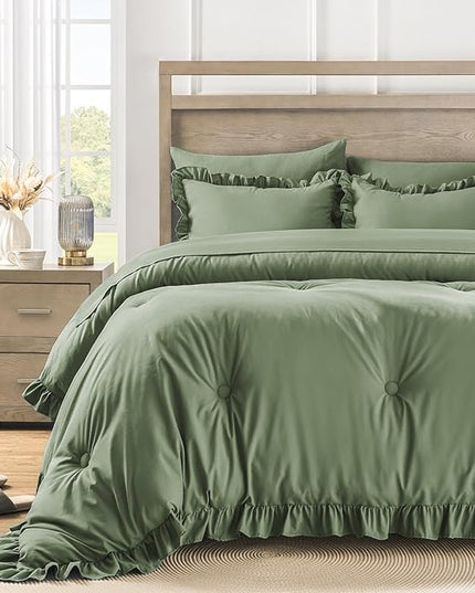 California King Bed in a Bag 7 Pieces Cal King Comforter Set, Ruffle Shabby Chic Bedding Comforter Set Green Bed Set with Comforter, Pillowcases, Flat Sheet, Fitted Sheet and Pillow Shams - LeafyLoom