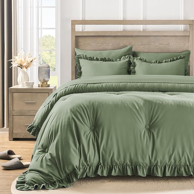 California King Bed in a Bag 7 Pieces Cal King Comforter Set, Ruffle Shabby Chic Bedding Comforter Set Green Bed Set with Comforter, Pillowcases, Flat Sheet, Fitted Sheet and Pillow Shams - LeafyLoom