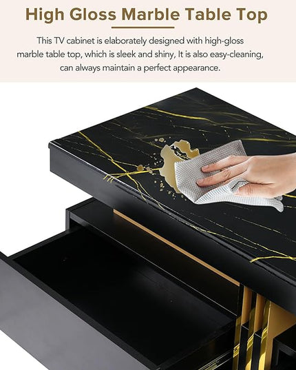 Merax Luxury TV Stand with High Gloss Faux Marble Top, Golden Panel Design, and 3 Drawers for Televisions Up to 78'', Rectangle Media Console, Practical Entertainment Center for Living Room, Black - LeafyLoom