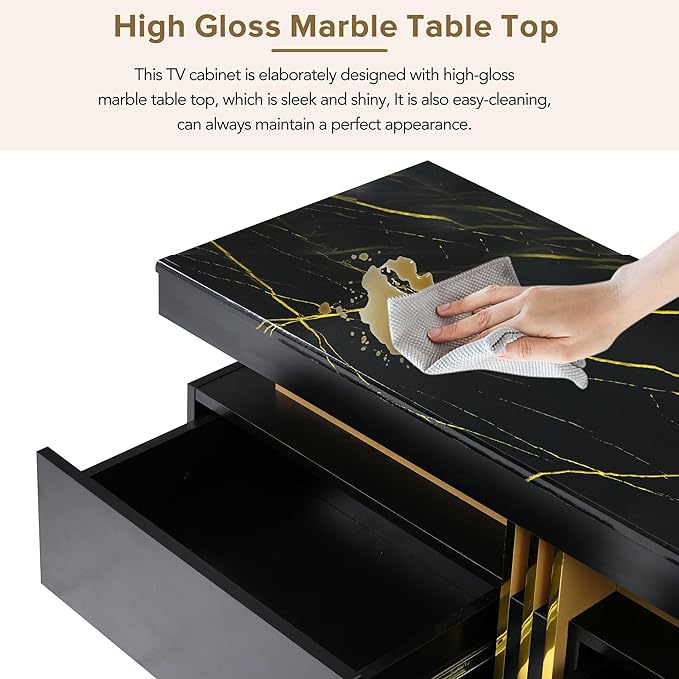 Merax Luxury TV Stand with High Gloss Faux Marble Top, Golden Panel Design, and 3 Drawers for Televisions Up to 78'', Rectangle Media Console, Practical Entertainment Center for Living Room, Black - LeafyLoom