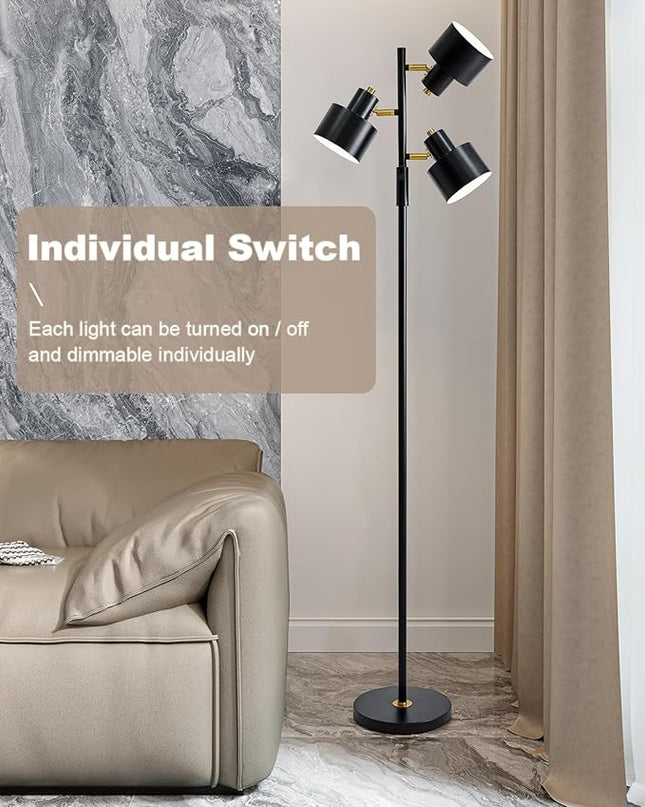 OYEARS Floor Lamp for Living Room Bright Lighting Tall Modern Industrial Vintage Standing Corner Lamps LED Metal Light Office Bedroom Study Gold Black White Matte Accent (3-Light, Black) - LeafyLoom