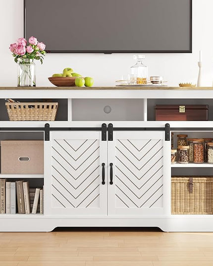 Fireplace TV Stand for 65+ Inch TV, Farmhouse Entertainment Center with 23" Electric Fireplace with Remote, Modern Rustic TV Console with Sliding Bar Door for Living Room,Antique White - LeafyLoom