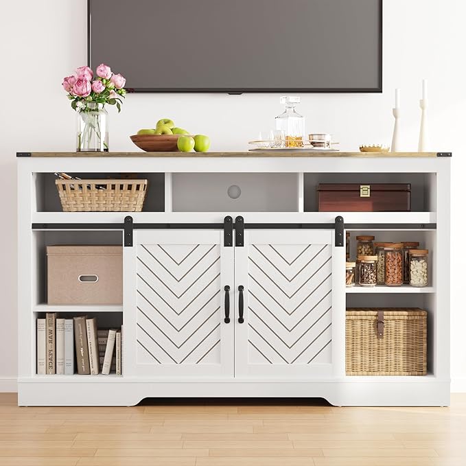 Fireplace TV Stand for 65+ Inch TV, Farmhouse Entertainment Center with 23" Electric Fireplace with Remote, Modern Rustic TV Console with Sliding Bar Door for Living Room,Antique White - LeafyLoom