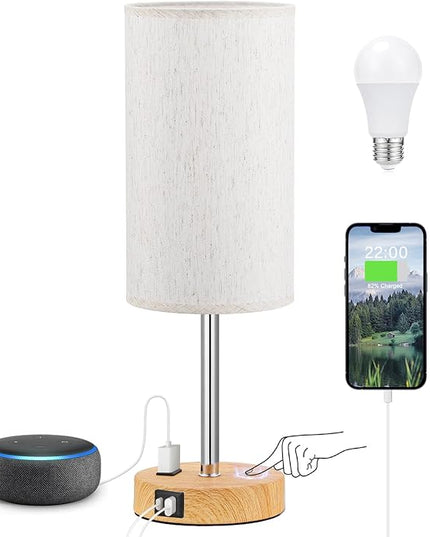 Touch Table Lamp - Cream, 3-Way Dimmable, USB A + C Charging, AC Outlet, 17.4inch Medium, Wood Grain Base - LeafyLoom
