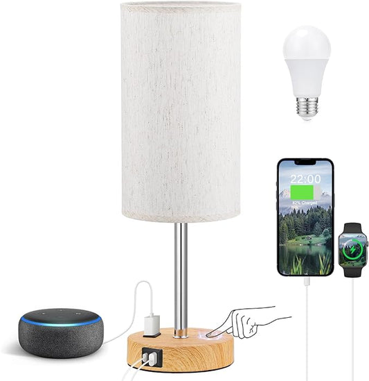 Touch Table Lamp - Cream, 3-Way Dimmable, USB A + C Charging, AC Outlet, 17.4inch Medium, Wood Grain Base - LeafyLoom