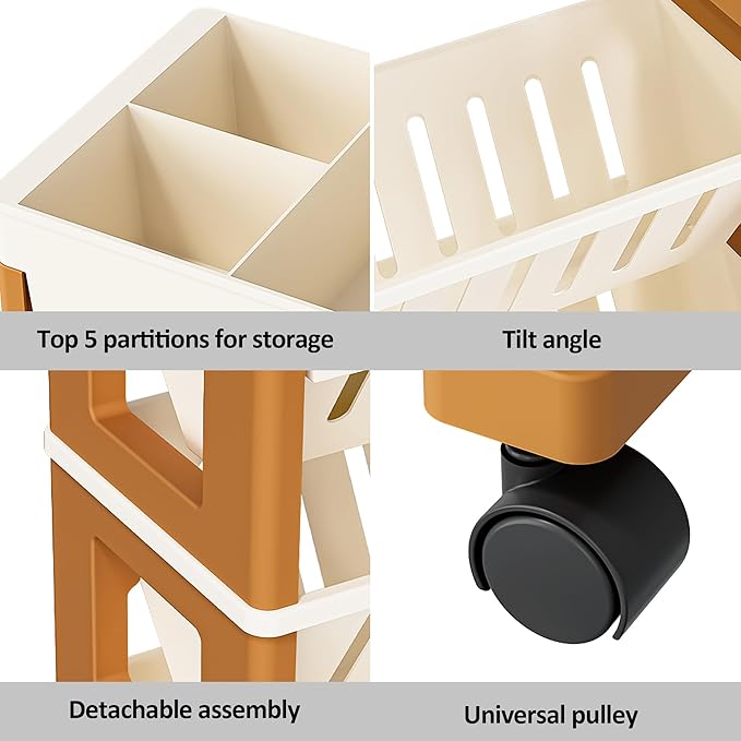 5 Tier Book Rack Storage Bookshelf, Mobile Bookshelf with Wheels, Removable Movable Unique Bookcase, Rolling Book Cart, Bookshelves for Students Study in Dorm Classroom Living Room School(CreamYellow) - LeafyLoom