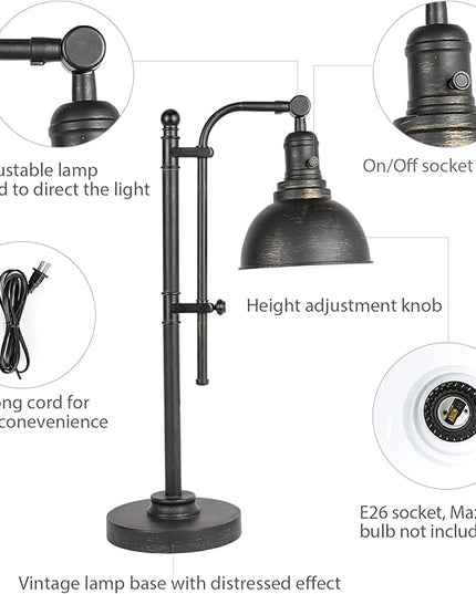 VONLUCE Rustic Desk Lamp Black Adjustable, Industrial Style Metal Task Lamp (25"-29"), Vintage Work Lamp, Farmhouse Reading Lamp in Aged Bronze Finish, ETL Certificate - LeafyLoom