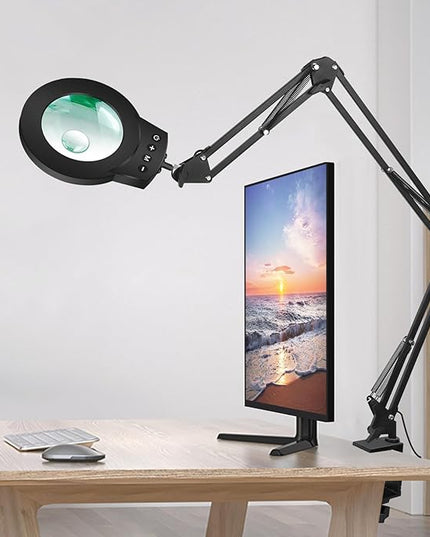 Magnifying Glass Light Stand 10X 5X Swing Arm Desktop Lamp Desk Table Close Work Up for Crafting, Reading, Sewing, Model Assembly, Soldering, Ultra Long 3-Section Design for Large Workbench (Black) - LeafyLoom