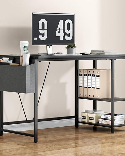 Computer Desk, 47.2” Home Office Desks, Modern Small Desk for Bedroom, Gaming Desk with Iron Hook and Height Adjustable Feet, Sturdy Student Writing Desk with Storage Bag, Storage Shelves - LeafyLoom