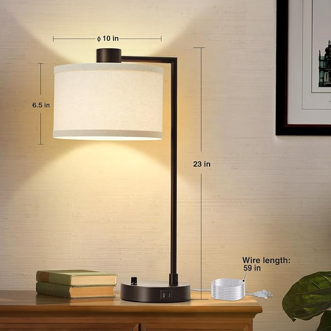 Luvkczc Table Lamp for Bedroom Set of 2 with USB C+A Ports - Fully Stepless Dimmable Bedside Lamp with Linen Lampshade - Contemporary Lamp for Living Room Reading Office, 2 Bulbs Included (Red Brown) - LeafyLoom