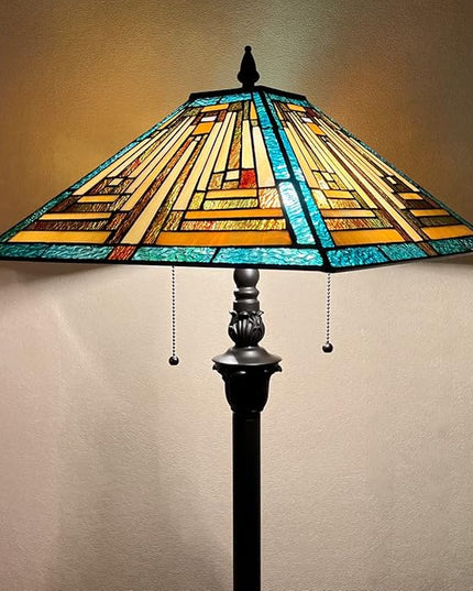 Tiffany Floor Lamp Mission Style Green Stained Glass Floor Light for Reading Antique 16" Double Light Standing Lamp for Living Room Bedroom Home Office - LeafyLoom