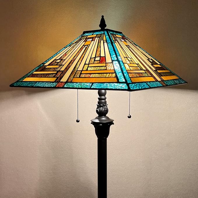 Tiffany Floor Lamp Mission Style Green Stained Glass Floor Light for Reading Antique 16" Double Light Standing Lamp for Living Room Bedroom Home Office - LeafyLoom