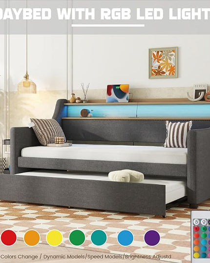 Twin Size Upholstered Daybed with Trundle, Twin Linen Sofa Bed Daybed with Charging Station and LED Lights, Day Bed Frame w/Headboard & Wood Slat Support for Bedroom, Living Room, Gray - LeafyLoom