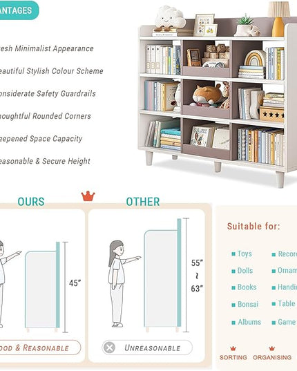 Wooden Cube Bookcase with Legs - 3-Tier Open Shelf Kidsroom Sorted Storage Cabinet Organizer for Books and Toys, 9-Cube Lattice Cute Cubby Bookshelf in White Mixed Mocha Brown, 47" W - LeafyLoom
