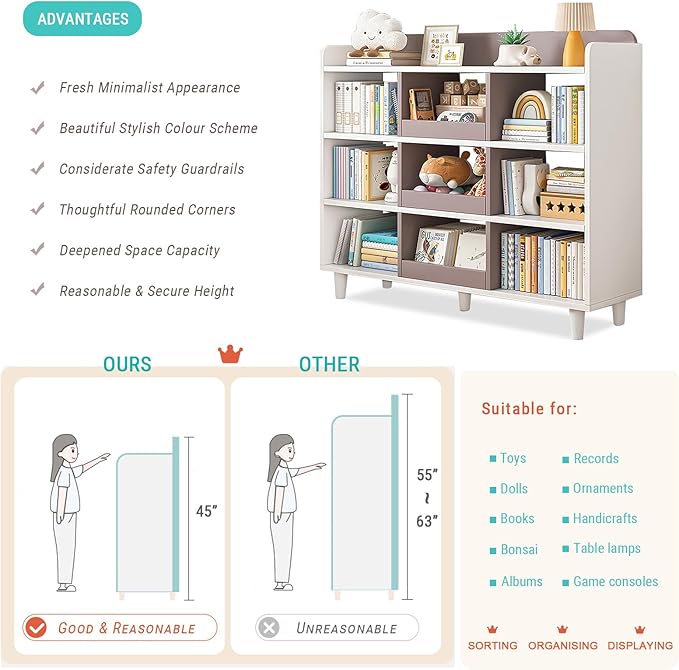 Wooden Cube Bookcase with Legs - 3-Tier Open Shelf Kidsroom Cabinet Organizer Sorted Storage for Toys and Books, 9-Cube Lattice Cute Cubby Bookshelf, White Mixed Mocha Brown, 39" W - LeafyLoom