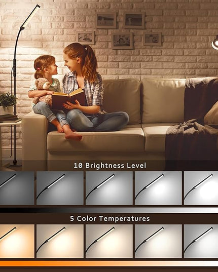 LED Floor Lamp, Bright Floor Lamps for Living Room, Dimmable 3 Color Modes 3000K-6000K & 10 Brightness Standing Lamp, Gooseneck Reading Lamp with Remote Button & Touch Control for Bedroom - LeafyLoom