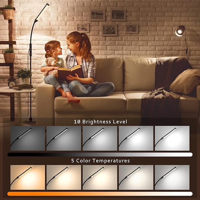LED Floor Lamp, Bright Floor Lamps for Living Room, Dimmable 3 Color Modes 3000K-6000K & 10 Brightness Standing Lamp, Gooseneck Reading Lamp with Remote Button & Touch Control for Bedroom - LeafyLoom