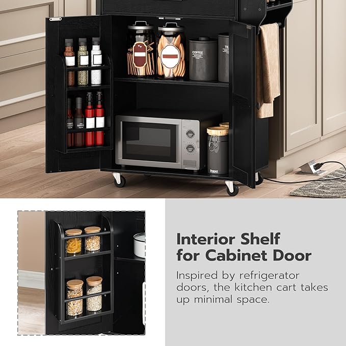 HOOBRO Kitchen Island with Power Outlet, Kitchen Storage Island with Large Worktop, Spice Rack and Drawer, Rolling Kitchen Cart on Wheels, for Kitchen and Dining Room, Rustic Brown and Black BF88UZD01 - LeafyLoom