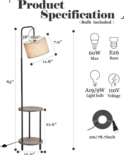 ELYONA Rubber Wood Floor Lamp - Rustic Side Table Lamp for Bedroom & Living Room - Mid Century Modern Floor Lamp with End Table for Farmhouse - Industrial Tall Pole Reading Standing Light - Grey - LeafyLoom