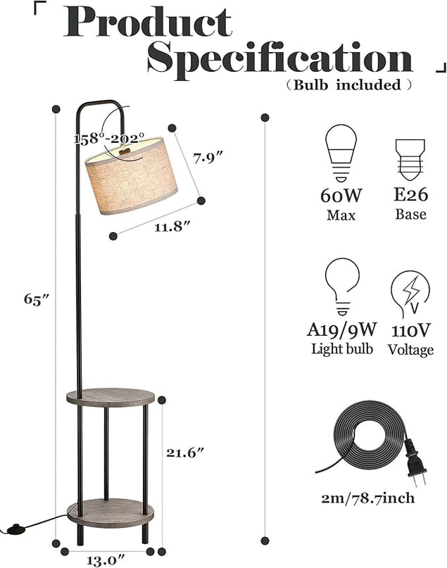 ELYONA Rubber Wood Floor Lamp - Rustic Side Table Lamp for Bedroom & Living Room - Mid Century Modern Floor Lamp with End Table for Farmhouse - Industrial Tall Pole Reading Standing Light - Grey - LeafyLoom