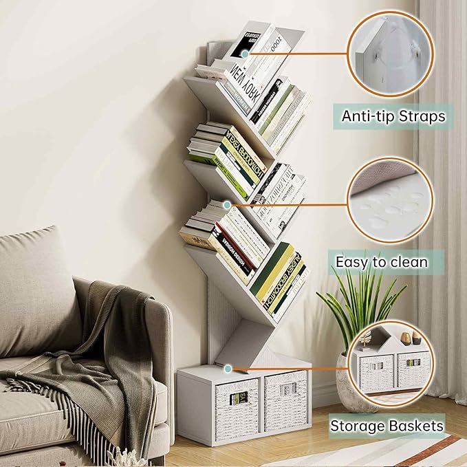 Vagusicc 6 Tier Tree Bookshelf - Modern Shelf Floor Standing Bookcase with Baskets, Tall Wood Book Storage Rack for Books/CDs, Tree Utility Book Organizer Shelves for Living Room, Home Office, Bedroom - LeafyLoom