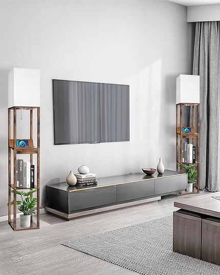 RUNTOP Floor Lamp with Shelves, Shelf Floor Lamp with Wireless Charger & 2 Charging USB Ports & Drawer, AC Outlet, 3 Color Temperature Tall Standing Lamp with Bulb for Living Room, Bedroom, Office - LeafyLoom