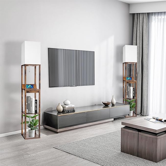 RUNTOP Floor Lamp with Shelves, Shelf Floor Lamp with Wireless Charger & 2 Charging USB Ports & Drawer, AC Outlet, 3 Color Temperature Tall Standing Lamp with Bulb for Living Room, Bedroom, Office - LeafyLoom