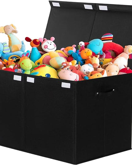 122L Large Toy Box Chest with Lid, Foldable Toy Storage Organizer Bin Boxes with Removable Divider for Kids, Boys, Girls, Nursery, Playroom, 26"x17" x17"(Linen Black) - LeafyLoom