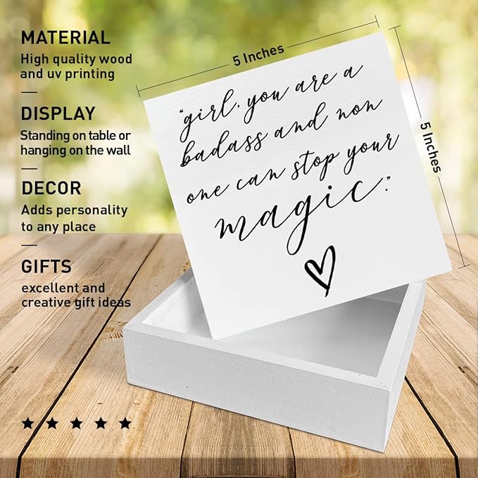 Home Office Desk Wooden Box Sign Decor, Girl Non One Can Stop Your Magic, Inspirational Quotes Desk Decor Motivational Desk Decorations for Women Girls Teens Student Office Classroom School - LeafyLoom