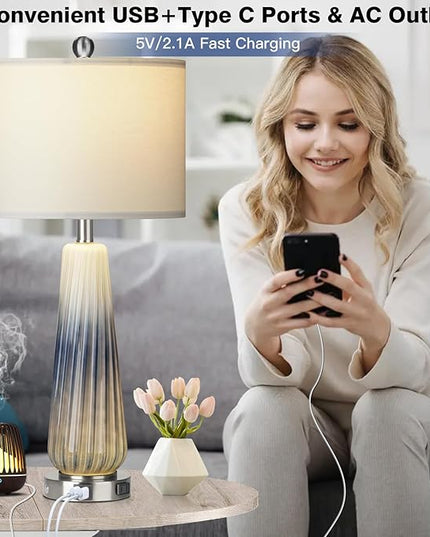 28" Glass Table Lamp Set of 2, Modern Table Lamps with USB A+C Ports & AC Outlet, Touch Control Bedside Nightstand Lamp with LED Night Light & White Fabric Shade for Living Room Blue(4 Bulbs Included) - LeafyLoom
