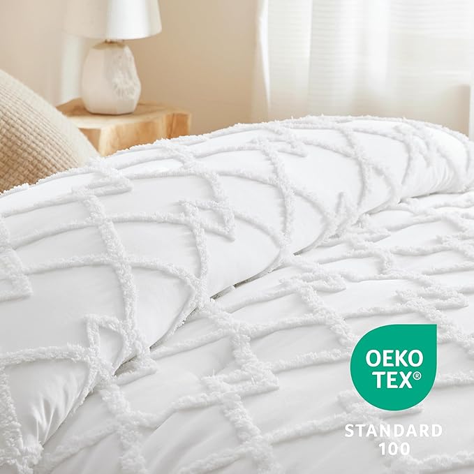 Bedsure Boho Comforter Set Twin - White Tufted Bedding Comforter Set, 2 Pieces Farmhouse Shabby Chic Embroidery Bed Set, Soft Fluffy Geometric Pattern Comforter for All Seasons - LeafyLoom