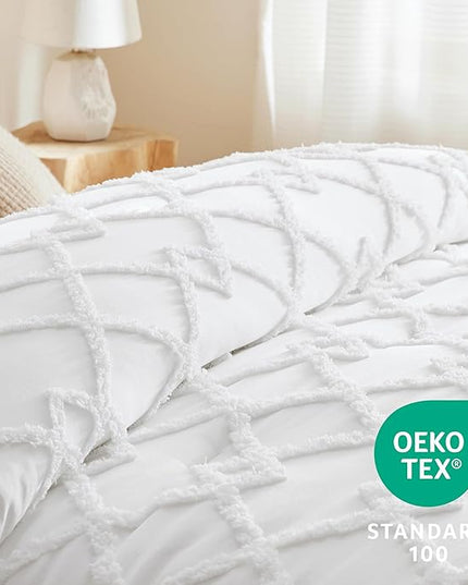 Bedsure Boho Comforter Set King - White Tufted Bedding Comforter Set, 3 Pieces Farmhouse Shabby Chic Embroidery Bed Set, Soft Fluffy Geometric Pattern Comforter for All Seasons - LeafyLoom