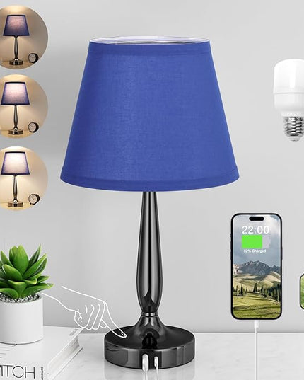 Kakanuo Touch Bedside Lamp for Bedroom with USB C Port, Small Touch Table Lamp with 2 USB Charging Ports, 3 Way Dimmable Nightstand Lamp for Living Room and Office - Royal Blue (LED Bulb Included) - LeafyLoom