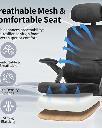 Ergonomic Office Chair, Mid Back Desk Chair with Adjustable Height, Swivel Chair with Flip-Up Arms and Lumbar Support, Breathable Mesh Computer Chair with Headrest (Black) - LeafyLoom