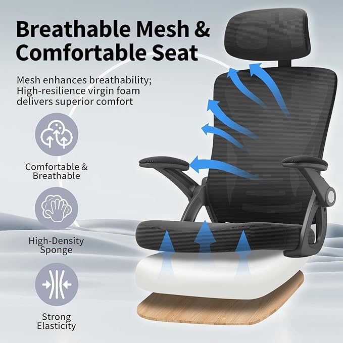 Ergonomic Office Chair, Mid Back Desk Chair with Adjustable Height, Swivel Chair with Flip-Up Arms and Lumbar Support, Breathable Mesh Computer Chair with Headrest (Black) - LeafyLoom