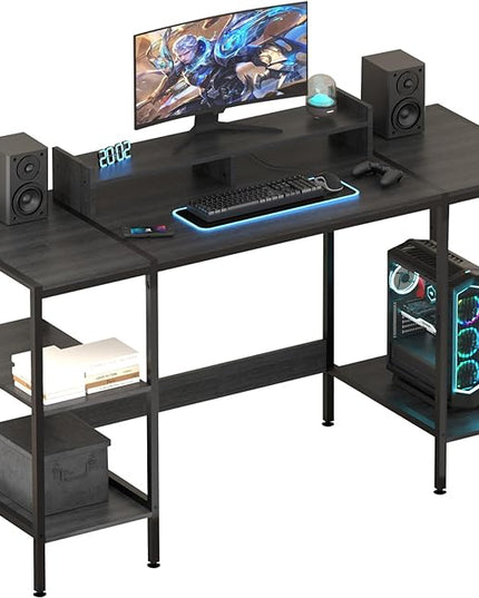 Computer Desk - 55 Inch Home Office Desk with Storage, Gaming Desk with Monitor Stand, Modern Simple Study Table, Adjustable Storage Space, Black… - LeafyLoom