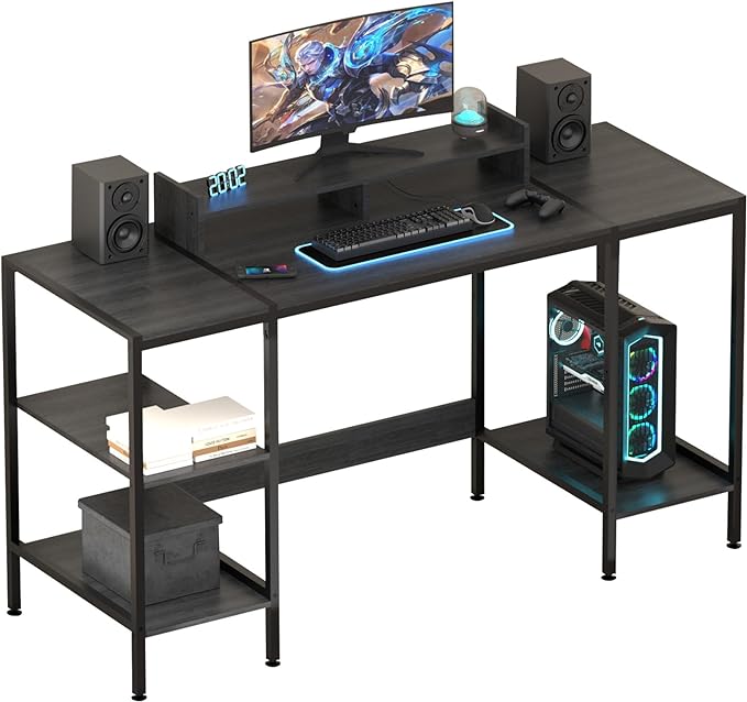 Computer Desk - 55 Inch Home Office Desk with Storage, Gaming Desk with Monitor Stand, Modern Simple Study Table, Adjustable Storage Space, Black… - LeafyLoom