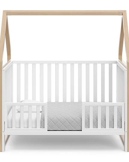 Storkcraft Orchard 5-in-1 Convertible Crib (White with Driftwood) – GREENGUARD Gold Certified, Canopy Style Baby Crib, Converts from Crib to Toddler Bed, Daybed and Full-Size Bed - LeafyLoom